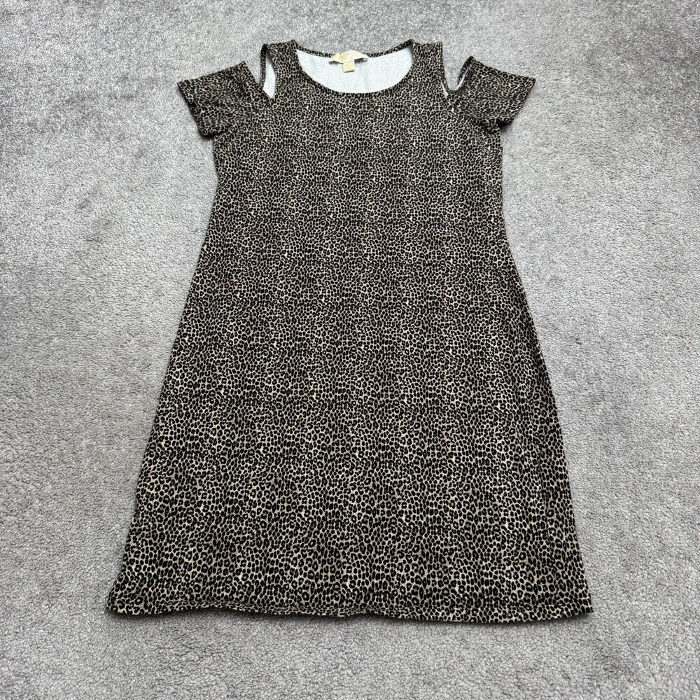 Michael Kors Leopard Print Cold Shoulder Shift Dress Womens Small Brown Stretch